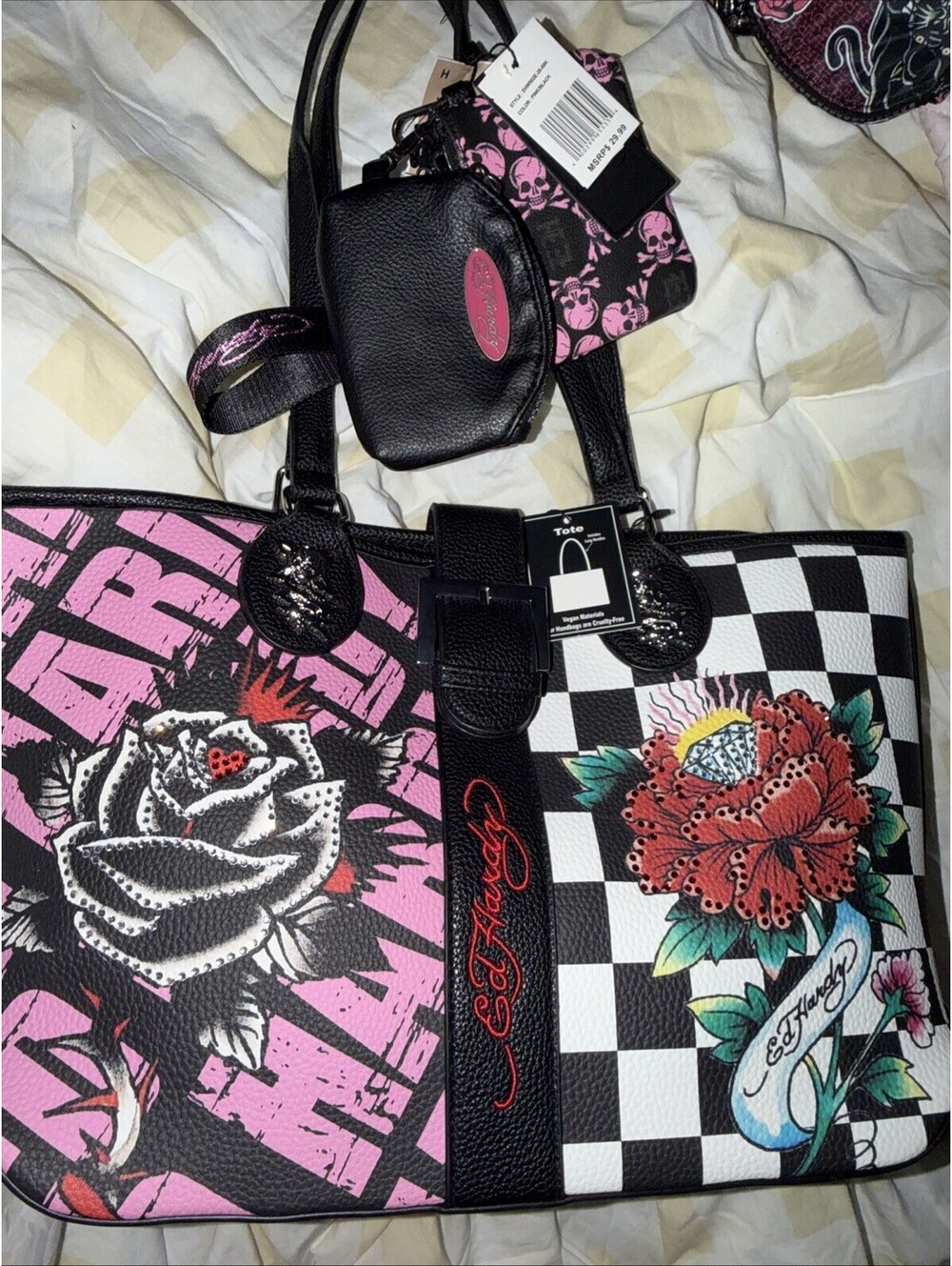 NWT ED Hardy Tote  Tiger Rhinestone Rose Floral  Shoulder Bag & Coin Purses